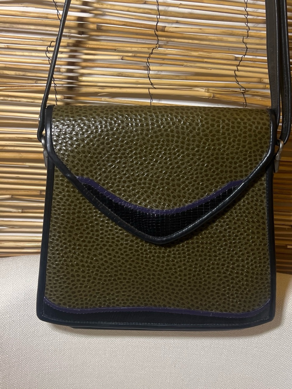 Roche signed Olive Green Textured Crossbody with Black Trim and Purple Accent